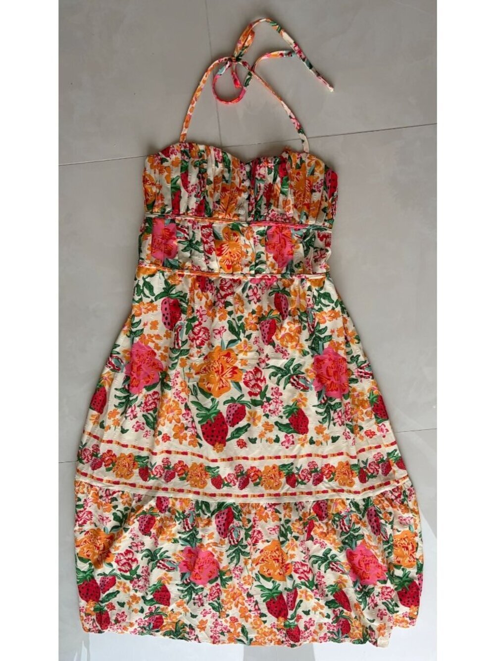 Tropical Strawberry White Floral Sketch Midi Dress | Sz L